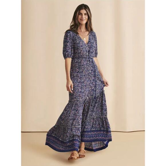 NWT Faherty Orinda Maxi Dress Monserrat Border Blue Purple Floral Boho Medium - Picture 1 of 14
